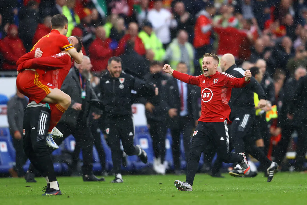 Joe Morrell of Wales celebrates after their sides victory during the FIFA World Cup Qualifier between Wales and Ukraine at Cardiff City Stadium in Cardiff, Wales, on June 5, 2022. (Michael Steele/Getty Images)