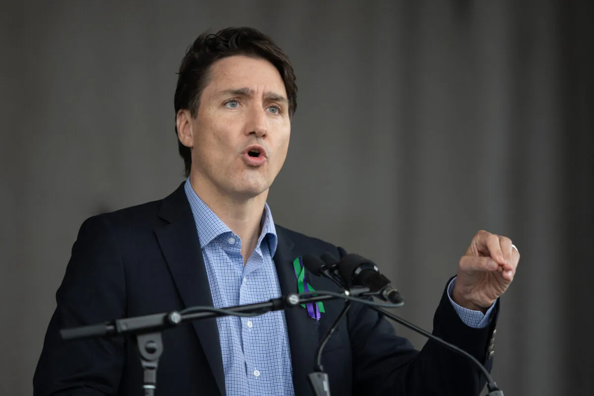Prime Minister Justin Trudeau speaks during a ceremony in memory of the Afzaal family in London, Ont., on June 5, 2022. The Muslim family was run down in London a year ago on June 6 in a hate-motivated vehicle attack, resulting in the death of four members of the family. (The Canadian Press/Geoff Robins)