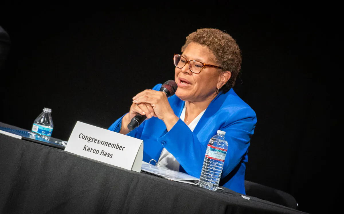 Congressmember Karen Bass speaks in San Pedro, Calif., on Feb. 27, 2022. (John Fredricks/The Epoch Times)