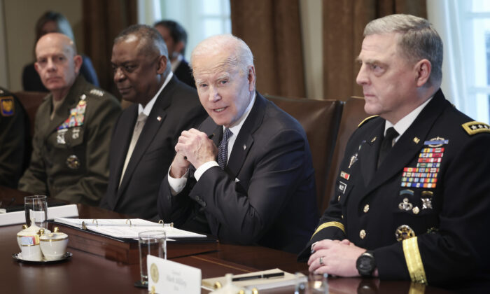 President Joe Biden meets with Secretary of Defense Lloyd Austin (2nd L), Commandant of the Marine Corps Gen. David Berger (L), Chairman of the Joint Chiefs of Staff Gen. Mark Milley (R), members of the Joint Chiefs of Staff, and combatant commanders in the Cabinet Room of the White House on April 20, 2022.  (Win McNamee/Getty Images)
