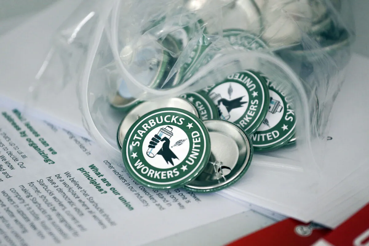 Pro-union pins sit on display on Dec. 9, 2021. (Joshua Bessex/AP Photo)