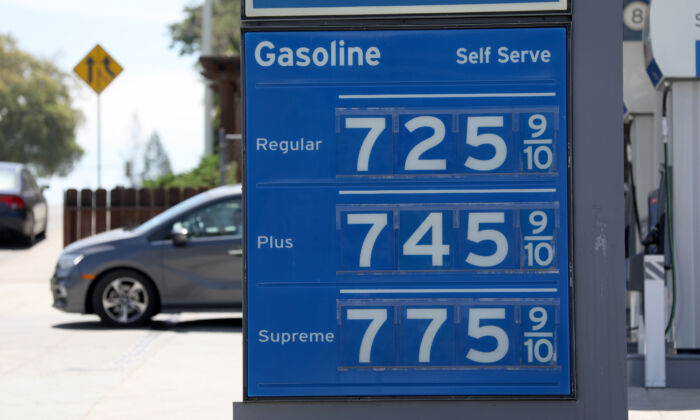 Gas prices over $7.00 a gallon are displayed at a Chevron gas station in Menlo Park, Calif., on May 25, 2022. (Justin Sullivan/Getty Images)