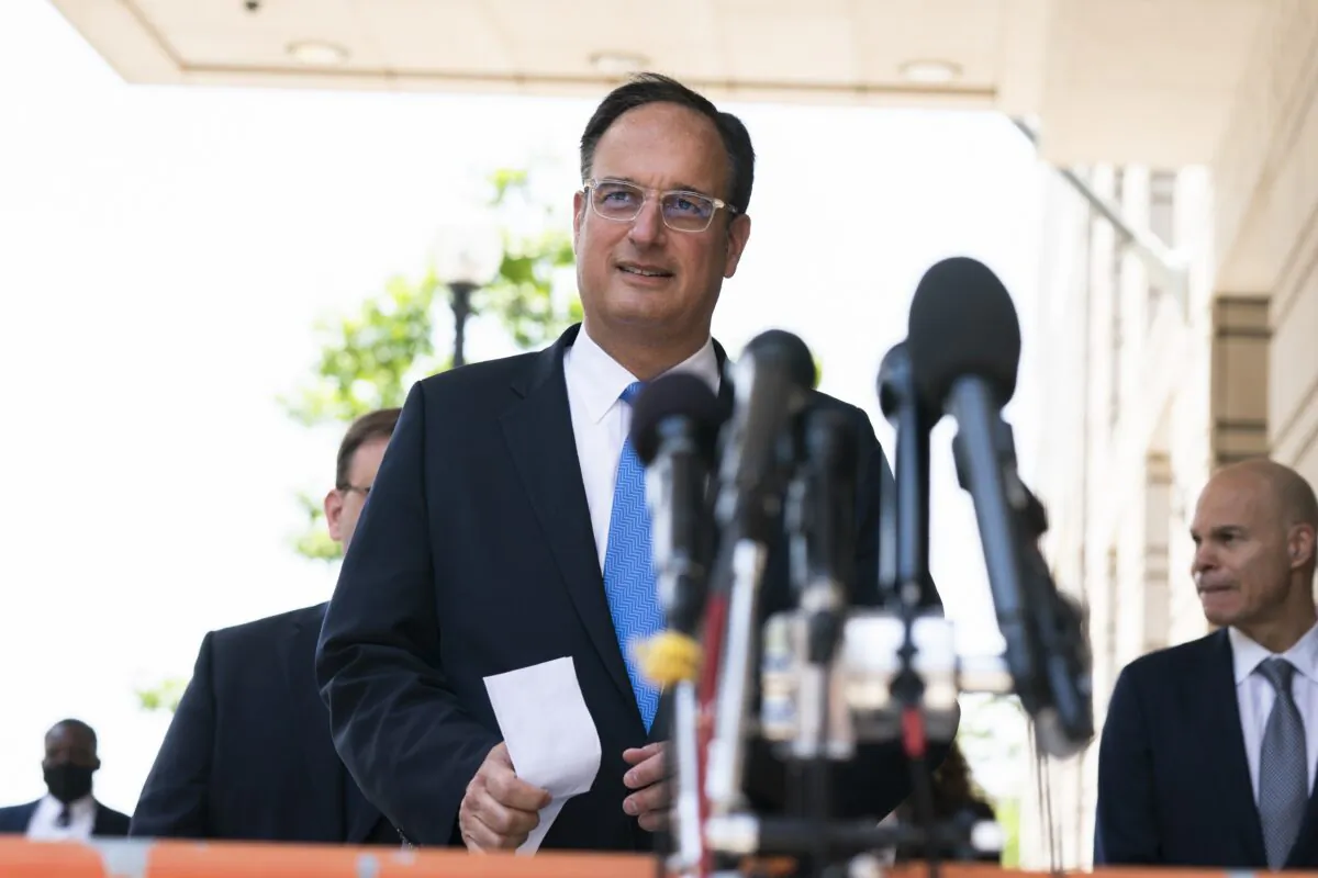 Michael Sussmann, a cybersecurity lawyer who represented the Hillary Clinton presidential campaign in 2016, outside of federal court in Washington following his acquittal on May 31, 2022. (Manuel Balce Ceneta/AP Photo)
