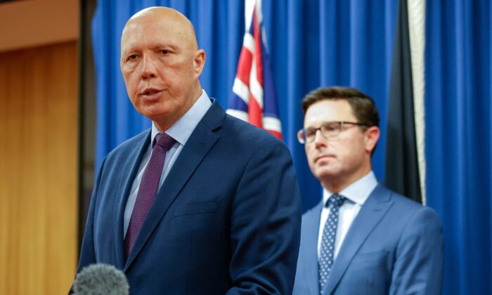 Australian Opposition Leader Peter Dutton speaks to the media during a press conference at the Commonwealth Parliament Offices in Brisbane, Australia on June 5, 2022. (AAP Image/Russell Freeman) 