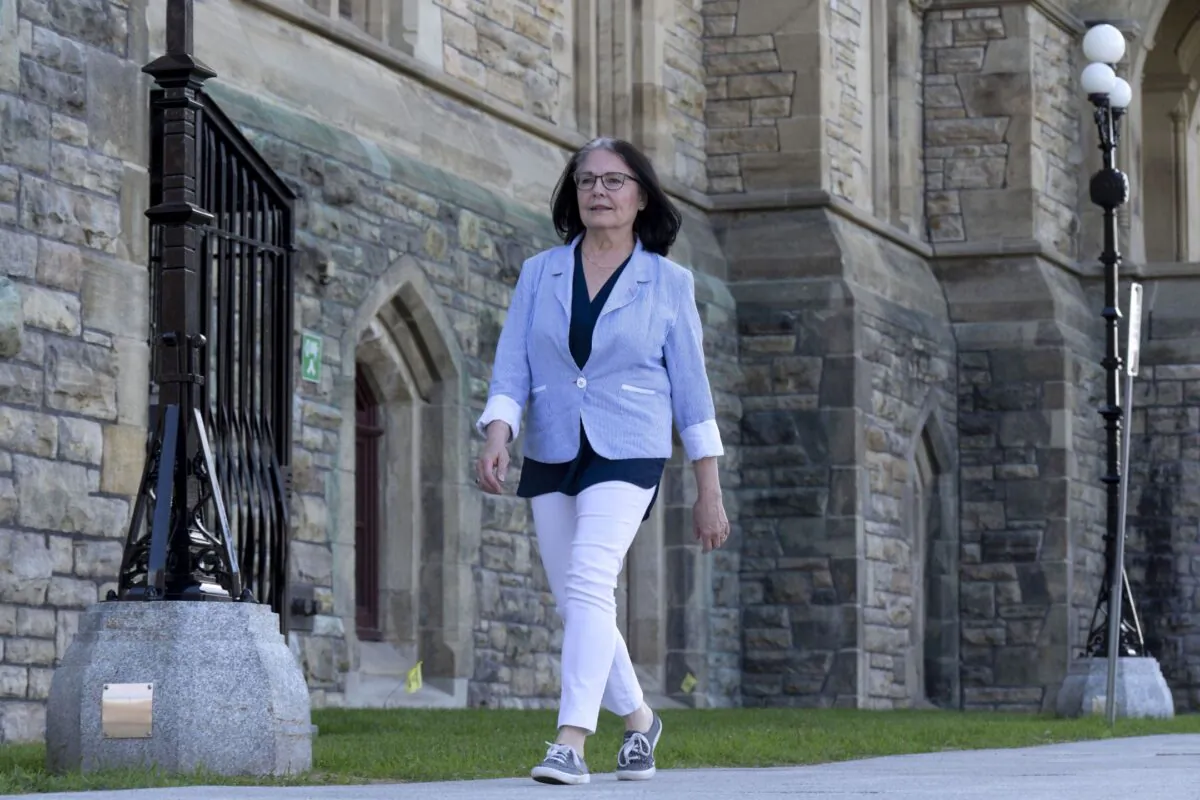 Conservative MP Cathay Wagantall leaves after speaking at a news conference she held outside West Block on Parliament Hill, in Ottawa on June 3, 2022. (The Canadian Press/Adrian Wyld)
