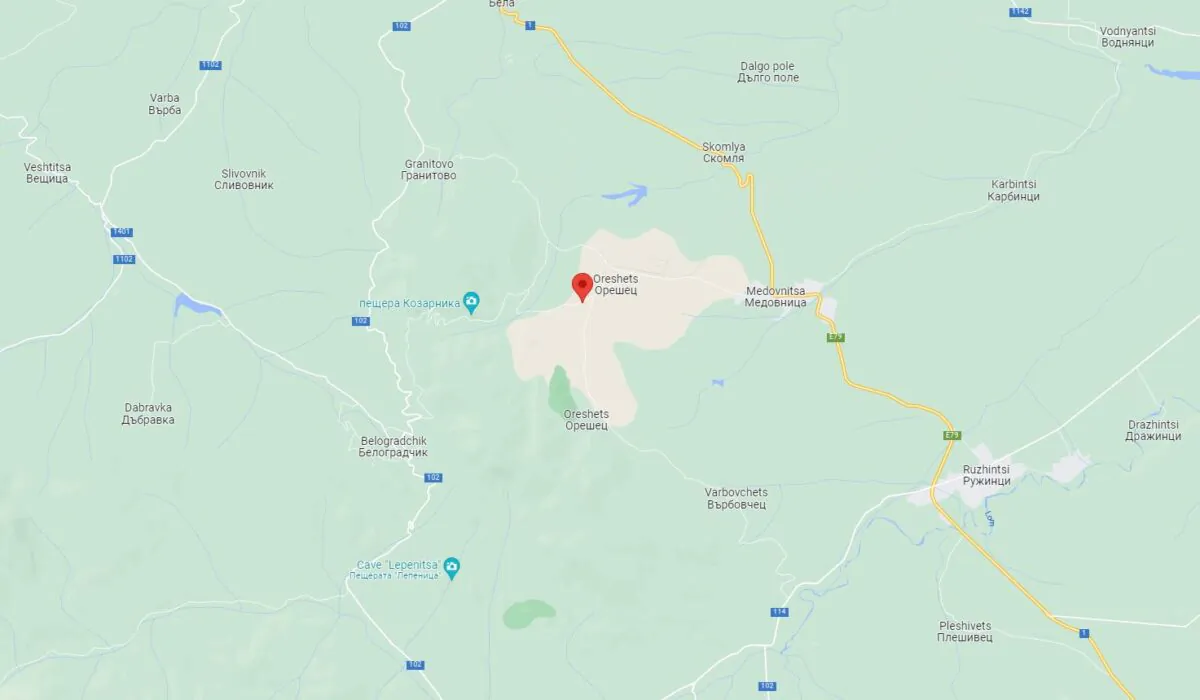 A map photo shows location of Gara Oreshets in northwestern Bulgaria, where a passenger train crashed into a truck at a railway crossing. (Google Maps/Screenshot via The Epoch Times)