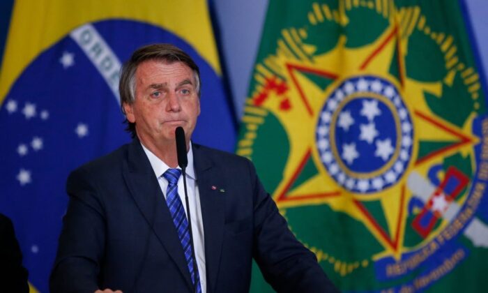 Brazil's President Jair Bolsonaro speaks during a ceremony to announce new measures for the Entrepreneurial Brazil credit program at the Planalto Palace in Brasilia, Brazil, on May 25, 2022. (Sergio Lima/AFP via Getty Images)