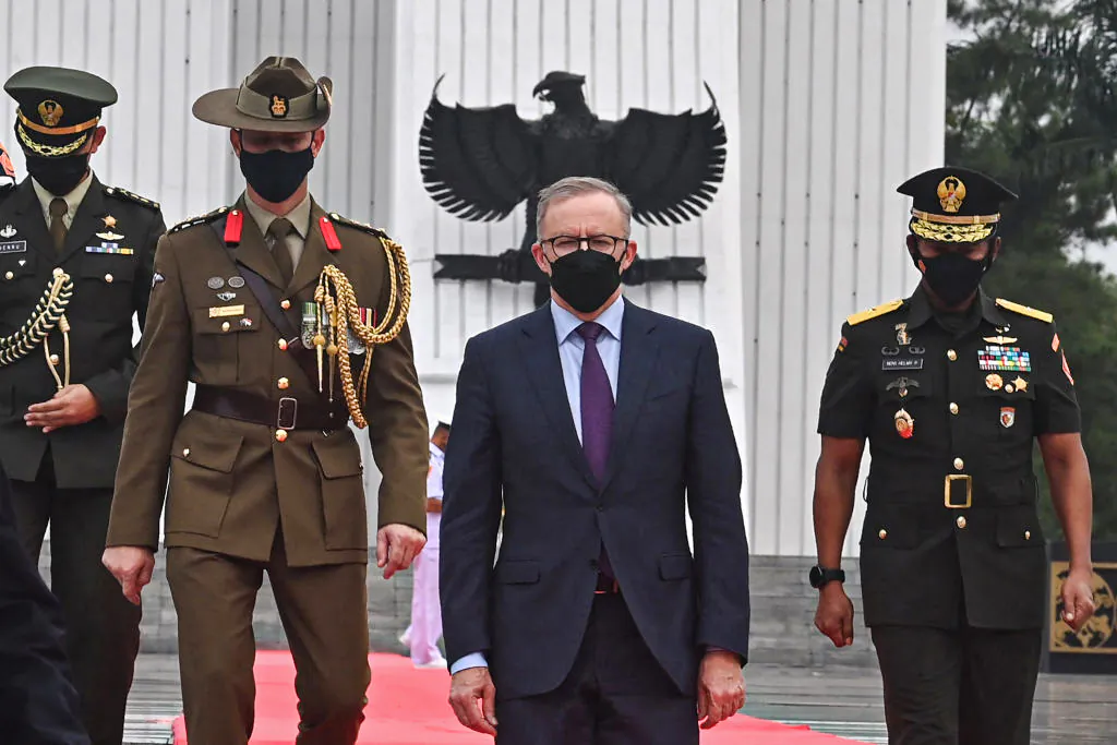 Australian Prime Minister Anthony Albanese (C) walks after laying a wreath at the Kalibata National Heroes Cemetery in Jakarta, Indonesia on June 6, 2022. (Adek Berry/AFP via Getty Images)