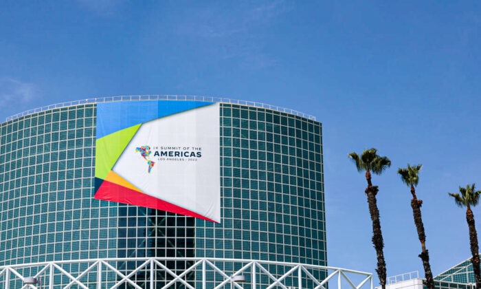 A banner hangs on the Los Angeles Convention Center, the location for the Ninth Summit of the Americas in Los Angeles on June 5, 2022. (Anna Moneymaker/Getty Images)