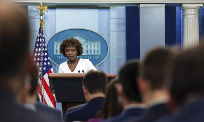 White House press secretary Karine Jean-Pierre speaks during a daily press briefing at the White House in Washington on June 6, 2022. (Kevin Dietsch/Getty Images)