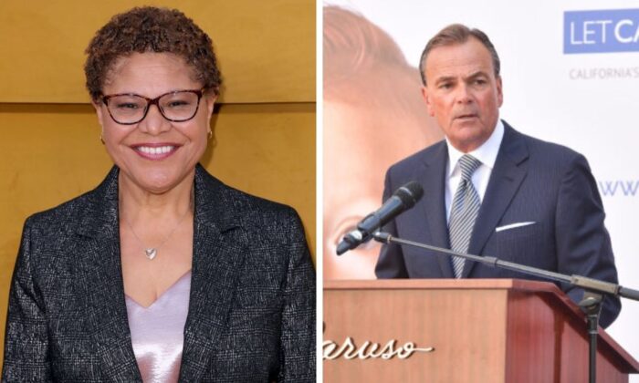 (L) Karen Bass in Los Angeles on April 14, 2022 in Los Angeles, California. (Leon Bennett/Getty Images)
(R) Rick Caruso in Los Angeles on Aug. 12, 2019. (Matt Winkelmeyer/Getty Images for Caruso)