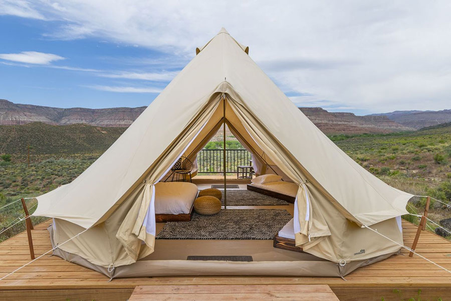 An open tent at Zion Wildflower Resort with a beautiful view.