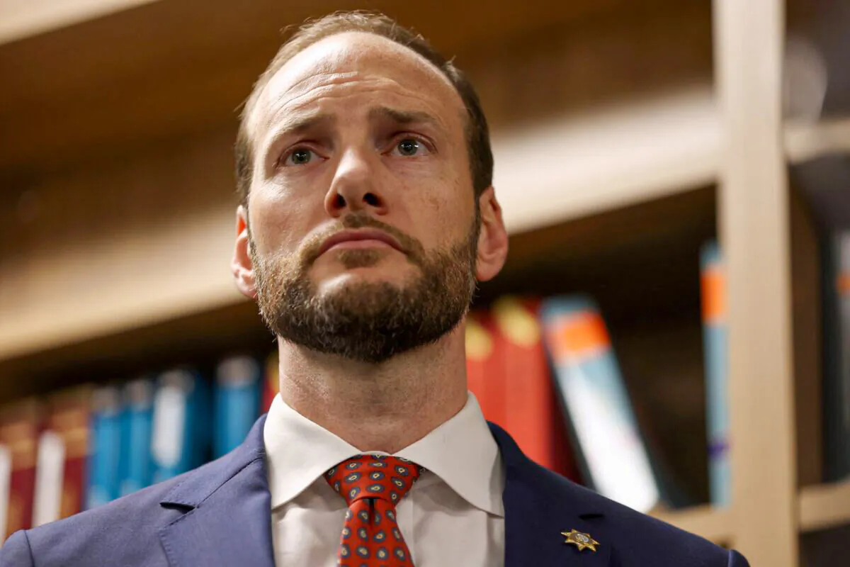 San Francisco District Attorney Chesa Boudin looks on during a news conference in San Francisco on May 10, 2022. (Justin Sullivan/Getty Images)