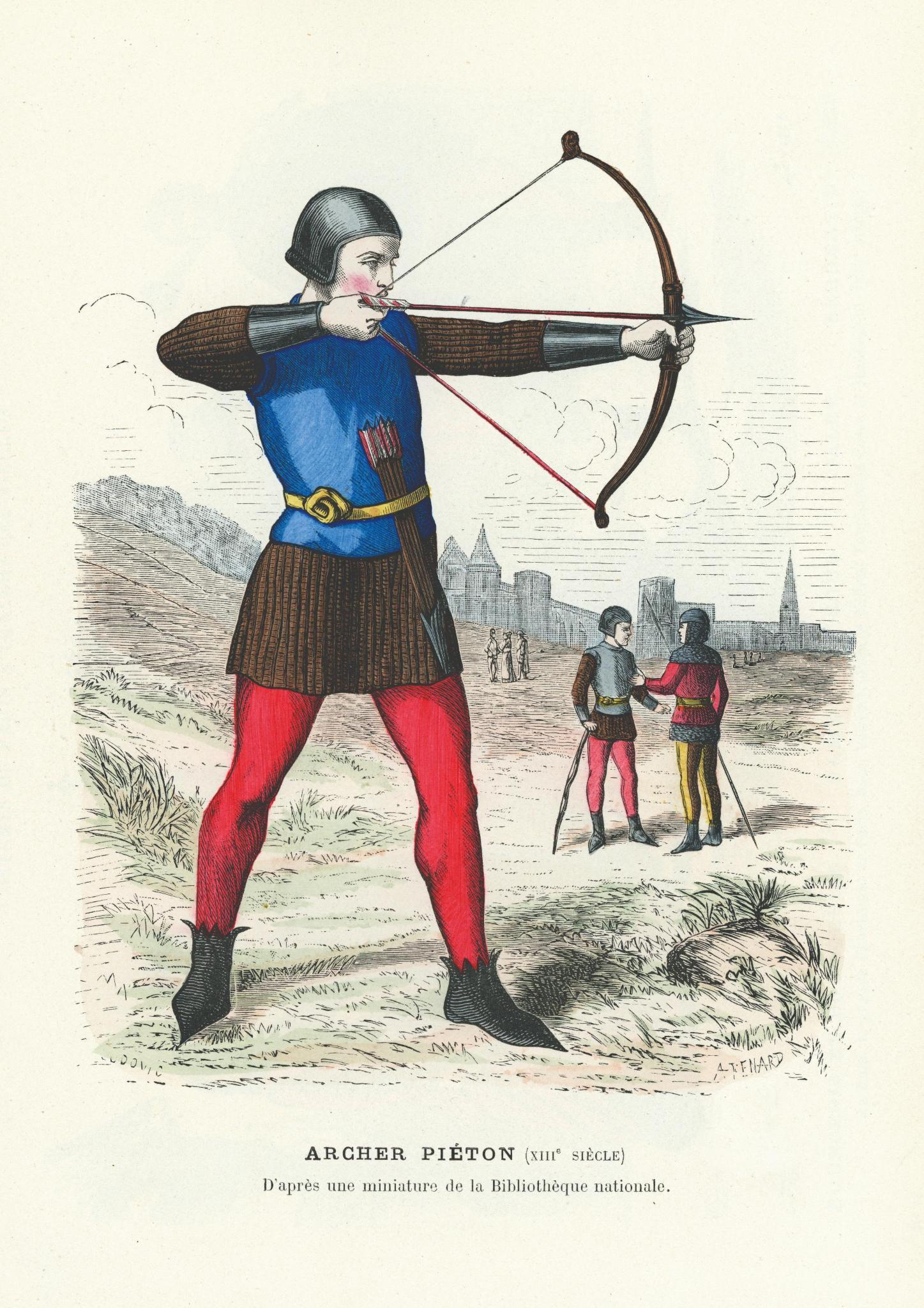 Vintage colour engraving of an archer, France, 13th Century.