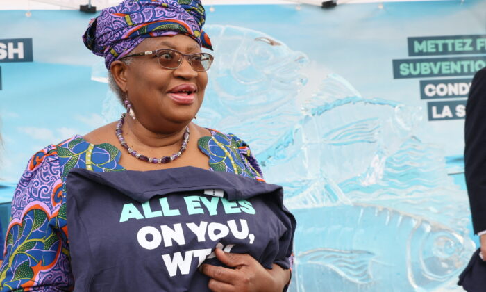 WTO Director-General Ngozi Okonjo-Iweala attends an event on World Ocean Day ahead of the World Trade Organization (WTO) Ministerial Conference (MC12) where a deal to end harmful fisheries subsidies could be reached in Geneva, on June 8, 2022. (Denis Balibouse/Reuters)