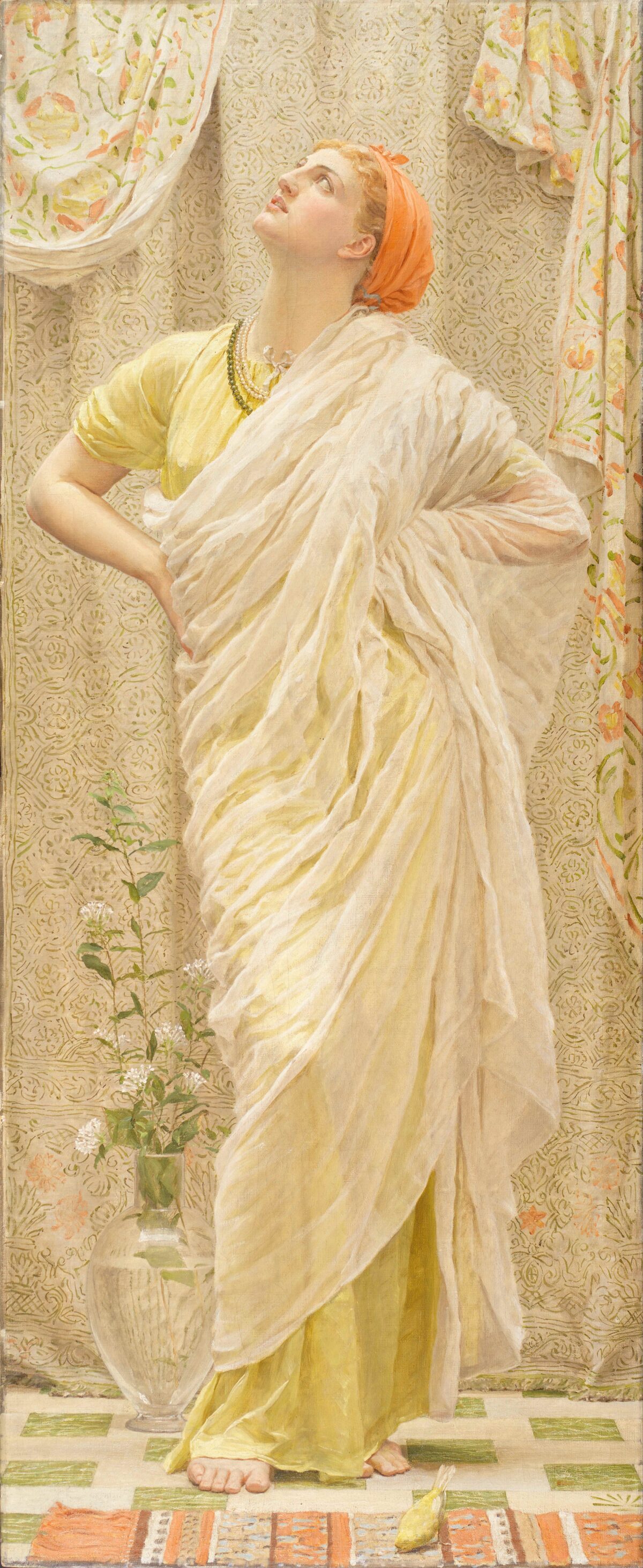 "Canaries," circa 1875-1880, by Albert Joseph Moore. Oil on canvas; 61.8 inches by 25.4 inches. Birmingham Museum and Art Gallery, Birmingham. (Public Domain)
