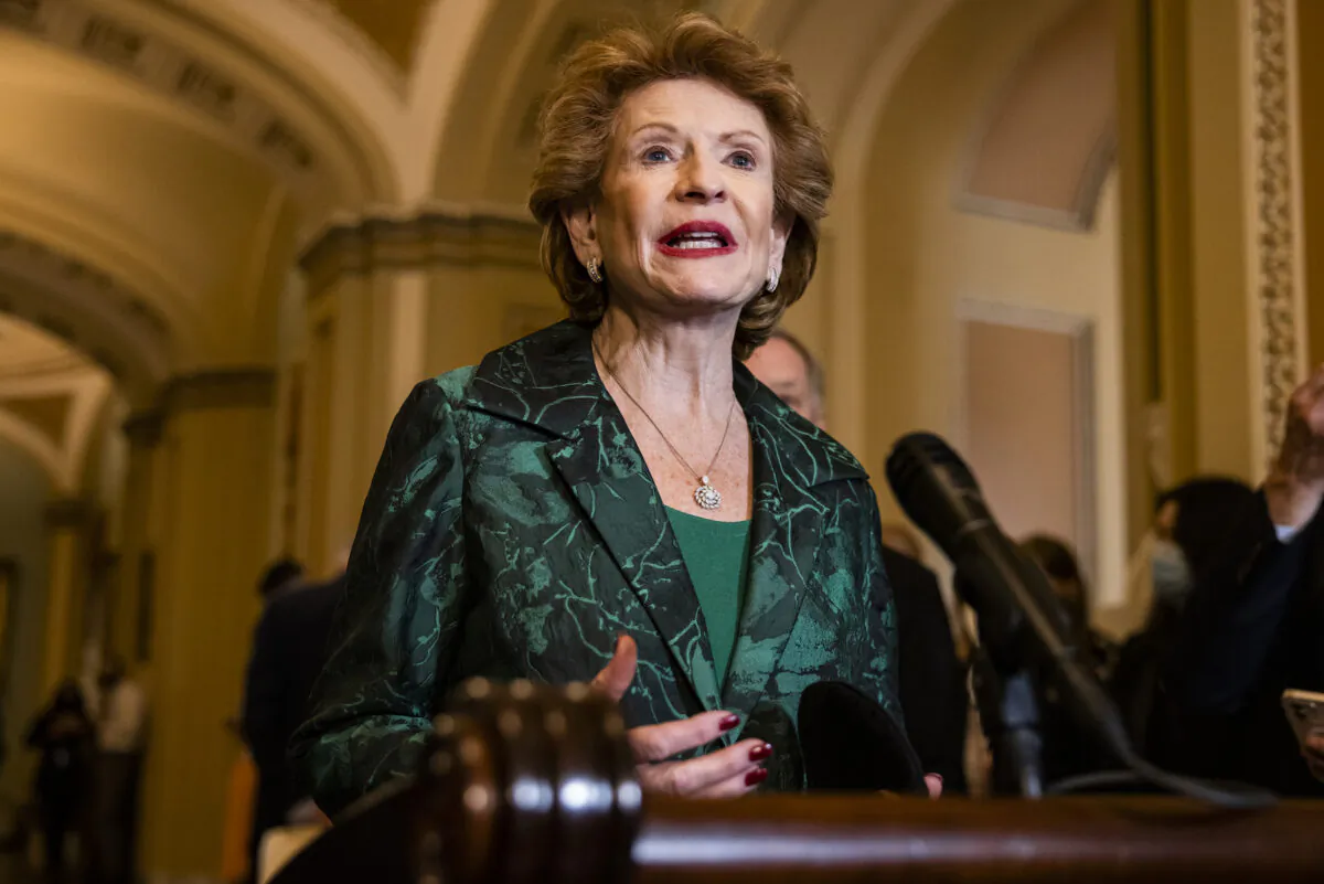 Sen. Debbie Stabenow (D-Mich.) talks during a press conference following the Democrats Policy Luncheon at the U.S. Capitol building in Washington on Oct. 26, 2021. (Samuel Corum/Getty Images)