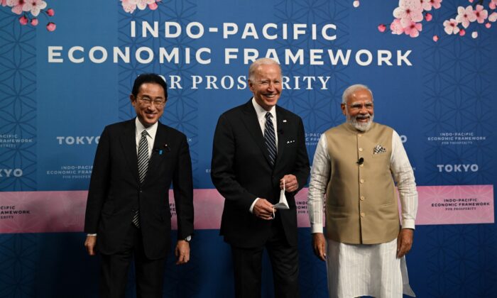 Japan's Prime Minister Fumio Kishida, US President Joe Biden, and India's Prime Minister Narendra Modi attend the Indo-Pacific Economic Framework for Prosperity at the Izumi Garden Gallery in Tokyo on May 23, 2022. (SAUL LOEB/AFP via Getty Images)