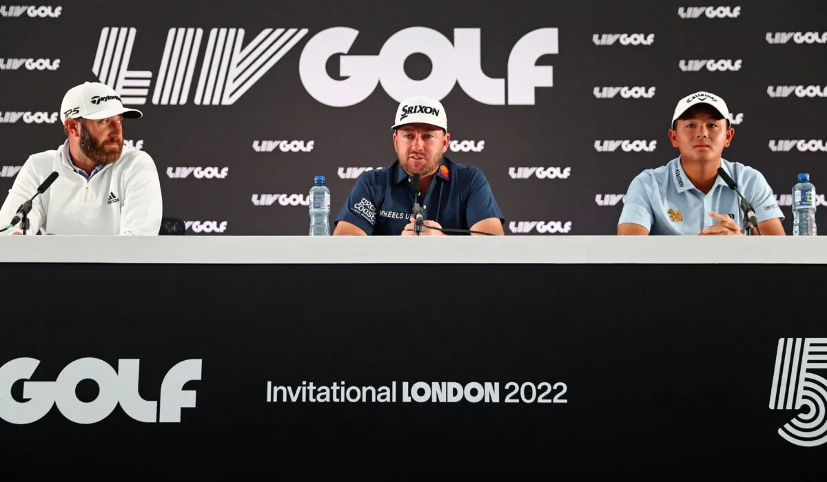 US golfer Dustin Johnson (L), Northern Irish golfer Graeme McDowell (C) and Thailand golfer Ratchanon "TK" Chantananuwat attend a press conference ahead of the forthcoming LIV Golf Invitational Series event at The Centurion Club in St Albans, north of London, on June 7, 2022. (Adrian Dennis/Getty Images)