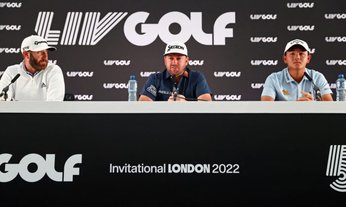 US golfer Dustin Johnson (L), Northern Irish golfer Graeme McDowell (C) and Thailand golfer Ratchanon "TK" Chantananuwat attend a press conference ahead of the forthcoming LIV Golf Invitational Series event at The Centurion Club in St Albans, north of London, on June 7, 2022. (Adrian Dennis/Getty Images)