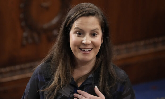 Rep. Elise Stefanik (R-N.Y.) awaits the arrival of Greek Prime Minister Kyriakos Mitsotakis in the House Chamber of the U.S. Capitol in Washington on May 17, 2022. (Drew Angerer/Getty Images)