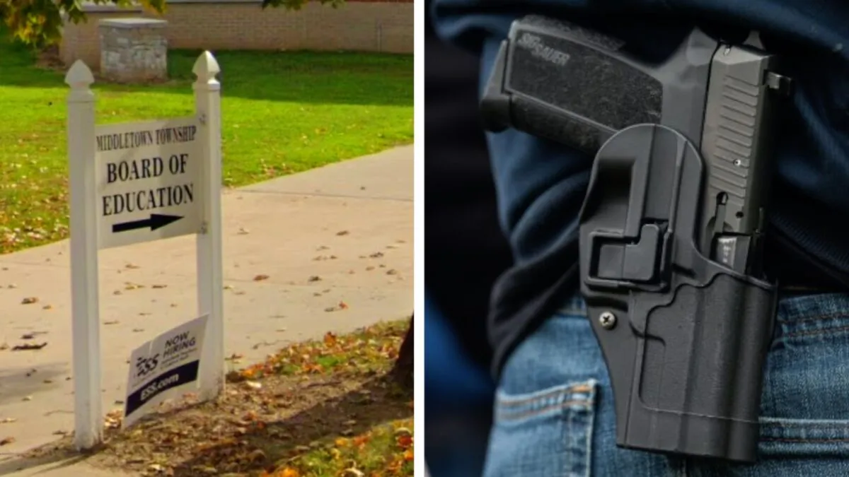 The Middletown Township Board of Education. (Google Maps/Screenshot via The Epoch Times); handgun in a holster in a file photo. (David Ryder/Getty Images)