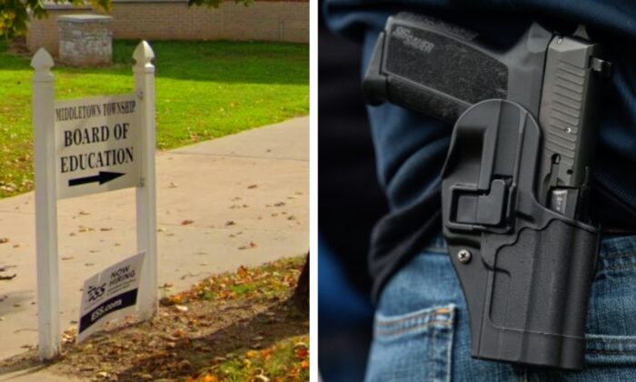 The Middletown Township Board of Education. (Google Maps/Screenshot via The Epoch Times); handgun in a holster in a file photo. (David Ryder/Getty Images)