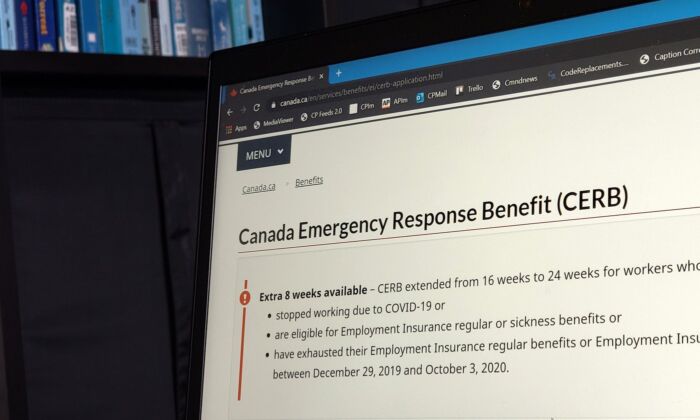 The landing page for the Canada Emergency Response Benefit is seen in Toronto, Aug. 10, 2020. (The Canadian Press/Giordano Ciampini)