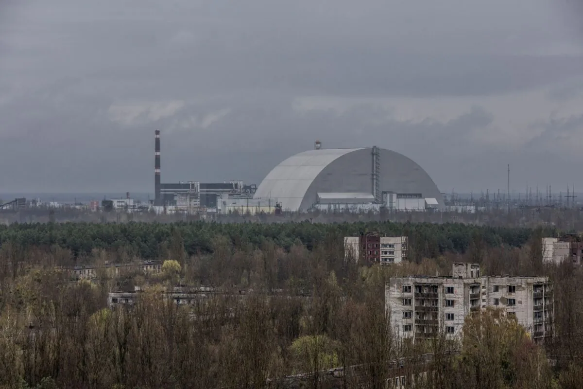 A general view of the New Safe Confinement (NSC) structure over the old sarcophagus covering the damaged fourth reactor at the Chornobyl Nuclear Power Plant, in Chornobyl, Ukraine, on April 26, 2022. (Oleksandr Ratushniak/Reuters)