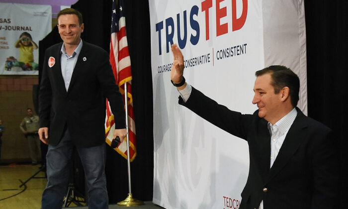 Nevada Attorney General Adam Laxalt (L) introduces Republican presidential candidate Sen. Ted Cruz (R-TX) at a rally at the Durango Hills Community Center in Las Vegas, on Feb. 22, 2016. Cruz is campaigning in Nevada for the Republican presidential nomination ahead of the state's Feb. 23 Republican caucuses.  (Ethan Miller/Getty Images)
