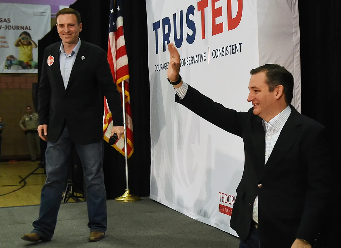 Nevada Attorney General Adam Laxalt (L) introduces Republican presidential candidate Sen. Ted Cruz (R-TX) at a rally at the Durango Hills Community Center in Las Vegas, on Feb. 22, 2016. Cruz is campaigning in Nevada for the Republican presidential nomination ahead of the state's Feb. 23 Republican caucuses. (Ethan Miller/Getty Images)