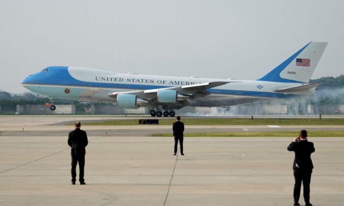 Air Force One with President Joe Biden onboard arrives at the Osan Air Base in Pyeongtaek, South Korea, on May 20, 2022. (Lee Jin-man/Pool via Reuters)