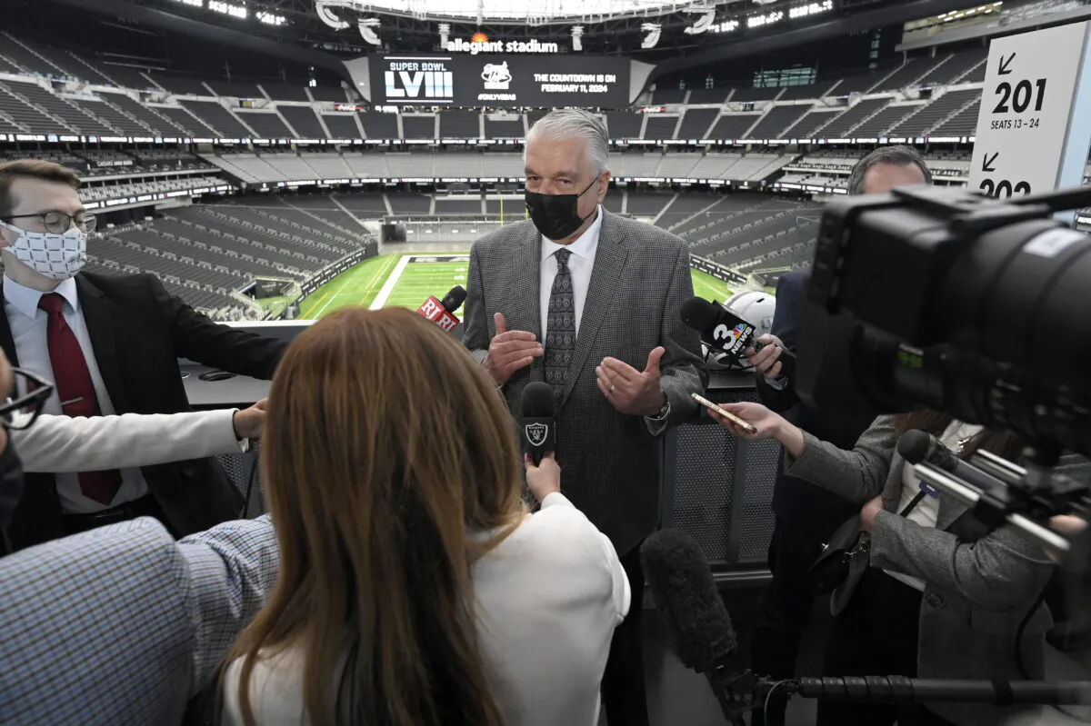 Nevada Gov. Steve Sisolak speaks to the media in Las Vegas during a press conference on Dec. 15, 2021, announcing that Allegiant Stadium will host the 2024 Super Bowl. (David Becker/Getty Images)