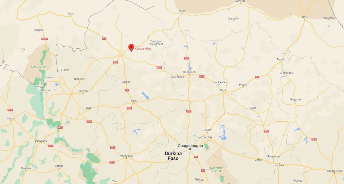 A map view shows location of the Karma industrial gold mine in northern Burkina Faso. (Google Maps/Screenshot via The Epoch Times)