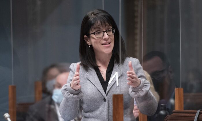 Quebec Treasury Board Chair Sonia LeBel responds to opposition questions over the strike at a youth public daycare centre, during question period at the legislature in Quebec City, Dec. 1, 2021. (The Canadian Press/Jacques Boissinot)