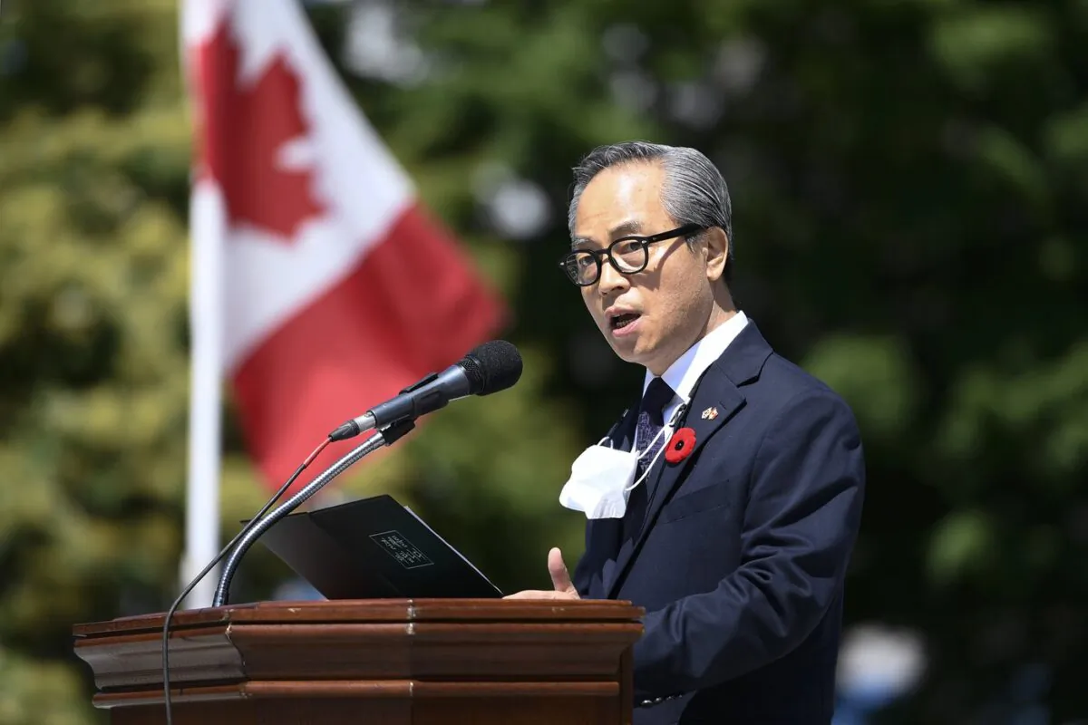Keung Ryong Chang, speaks during a ceremony commemorating the 71st anniversary of the start of the Korean War at National War Memorial in Ottawa, on June 20, 2021. (The Canadian Press/Justin Tang)