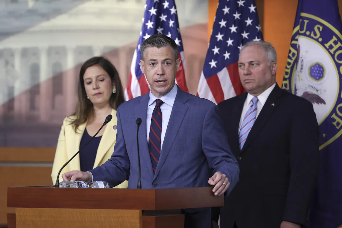 Rep. Jim Banks (R-Ind.) speaks at a press conference following a Republican caucus meeting at the U.S. Capitol, in Washington, on June 8, 2022. (Kevin Dietsch/Getty Images)