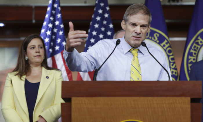 Rep. Jim Jordan (R-Ohio) speaks at a press conference following a Republican caucus meeting at the U.S. Capitol in Washington on June 8, 2022. (Kevin Dietsch/Getty Images)