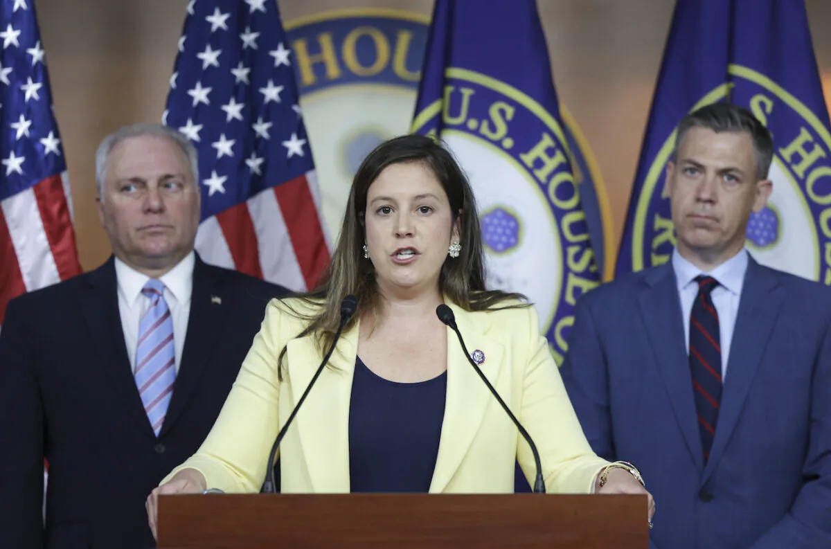 House Republican Conference Chair Elise Stefanik (R-N.Y.) (C) speaks at a press conference, was joined by House Republican Whip Steve Scailse (R-La.) (L) and Rep. Jim Banks (R-Ind.), following a Republican caucus meeting, at the U.S. Capitol in Washington, on June 8, 2022.  (Kevin Dietsch/Getty Images)