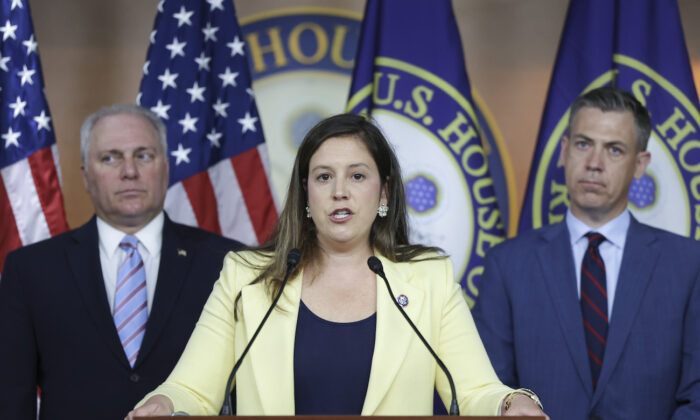 House Republican Conference Chair Elise Stefanik (R-N.Y.) (C) speaks at a press conference, was joined by House Republican Whip Steve Scailse (R-La.) (L) and Rep. Jim Banks (R-Ind.), following a Republican caucus meeting, at the U.S. Capitol in Washington, on June 8, 2022.  (Kevin Dietsch/Getty Images)