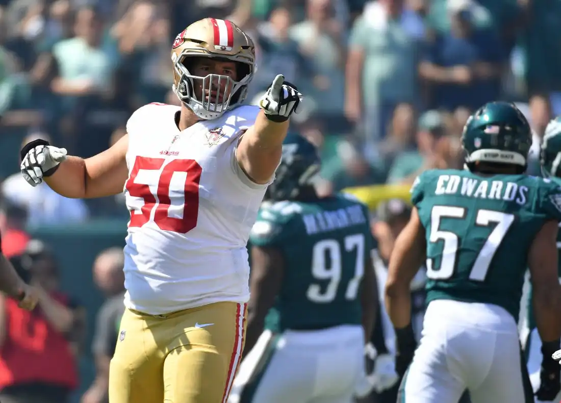 San Francisco 49ers center Alex Mack (50) against the Philadelphia Eagles at Lincoln Financial Field in Philadelphia on Sept. 19, 2021. (Eric Hartline/USA TODAY Sports via Reuters)