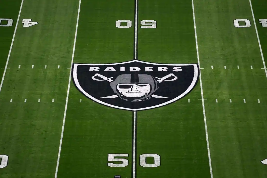 A detailed view of the Las Vegas Raiders shield logo at midfield at Allegiant Stadium, Paradise, Nev., on Nov 14, 2021. (Kirby Lee/USA TODAY Sports via Field Level Media)