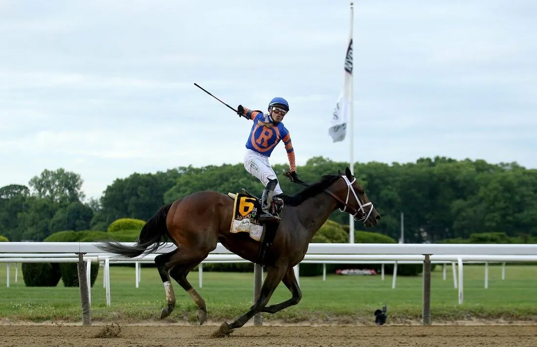 Irad Ortiz Jr. reacts after winning the Belmont Stakes atop Mo Donegal (6) in the Belmont Stakes, the eleventh race at Belmont Park Racetrack in Elmont, N.Y., on June 11, 2022. (Brad Penner/USA TODAY Sports via Field Level Media)