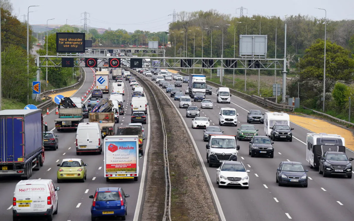 Traffic on the M42 motor way, south of Birmingham, England, on April 29, 2022. (Jacob King/PA)