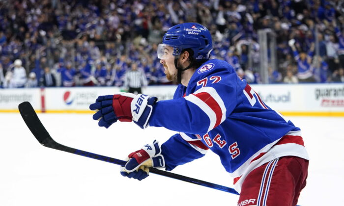 New York Rangers' Filip Chytil celebrates a goal against the Tampa Bay Lightning during the second period of Game 1 of the NHL hockey Stanley Cup playoffs Eastern Conference finals in New York, on June 1, 2022. (Frank Franklin II/AP Photo)