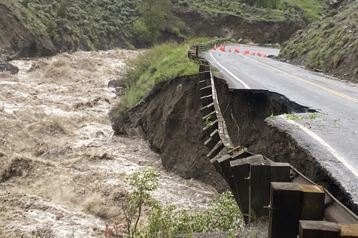 High water in the Gardiner River along the North Entrance to Yellowstone National Park in Montana on June 13, 2022. (National Park Service via AP)