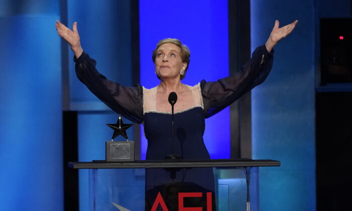 Actor Julie Andrews accepts the 48th AFI Life Achievement Award during a gala honoring her at the Dolby Theatre in Los Angeles on June 9, 2022. (Chris Pizzello/AP Photo)