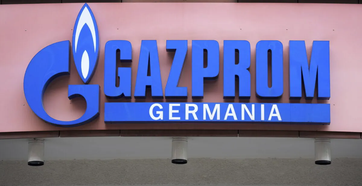 The logo of Gazprom Germania at the company's headquarters in Berlin on April 6, 2022. (Michael Sohn/AP Photo)