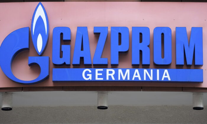 The logo of Gazprom Germania at the company's headquarters in Berlin on April 6, 2022. (Michael Sohn/AP Photo)