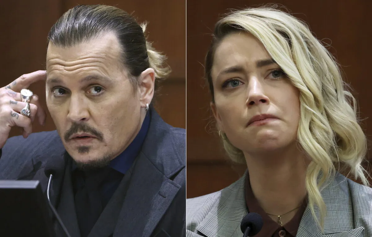 (Left) Actor Johnny Depp testifies at the Fairfax County Circuit Court in Fairfax, Va., on April 21, 2022. (Right) Actor Amber Heard testifies in the same courtroom at the Fairfax County Circuit Court in Fairfax, Va., on May 26, 2022. (AP Photo)